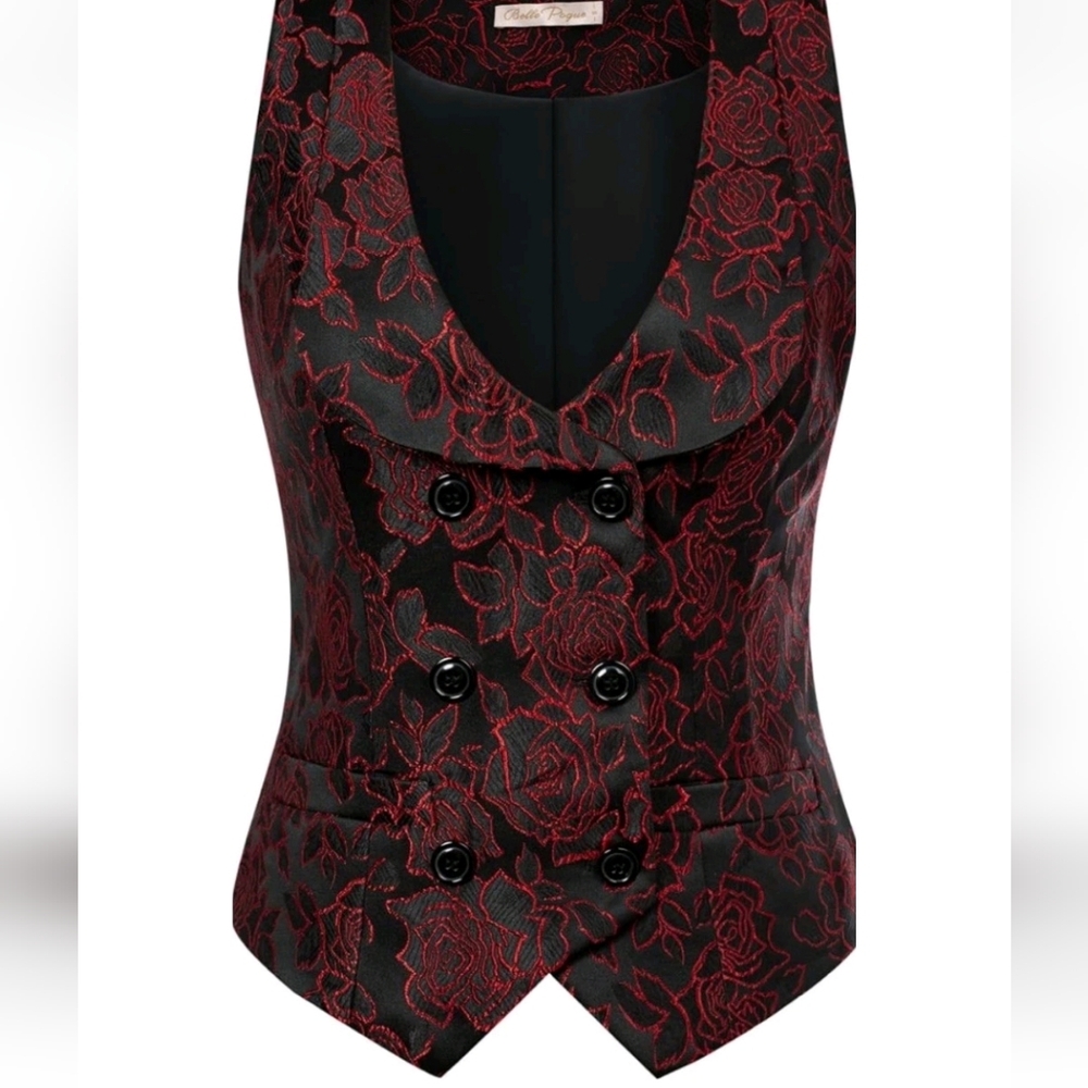 Belle Poque Red Black Waistcoat Vest XL Victorian Steampunk Gothic Rose Floral